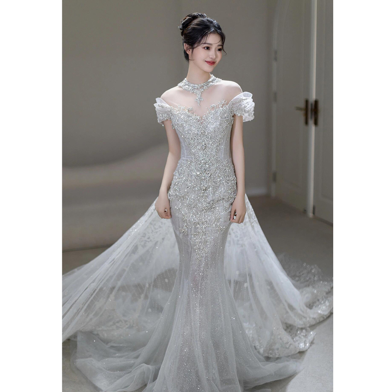 French-Style Off-Shoulder Mermaid Wedding Dress for Brides, 2026 New Model, Luxurious and High-End with a Small Train, Main Wedding Gown for Women