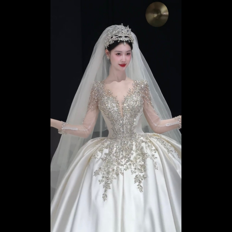 Satin V-Neck Long-Sleeve Wedding Dress for Brides, 2026 New Model, High-End Texture, Custom-Made with a Large Train