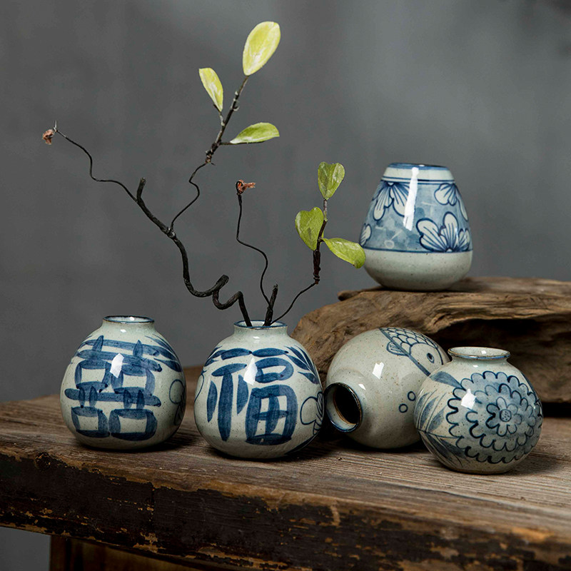 Jingdezhen Ceramic Hydroponic Copper Money Grass Creative Flower Vessel Zen Art Small Fresh Retro Blue and White Hand-painted Small Vase