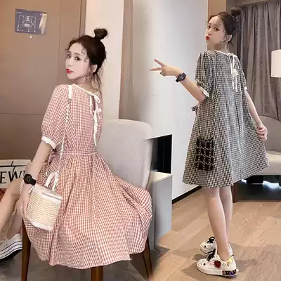 Pregnant women's summer dress dress fashion summer Plaid long top Net red dress outside summer skirt