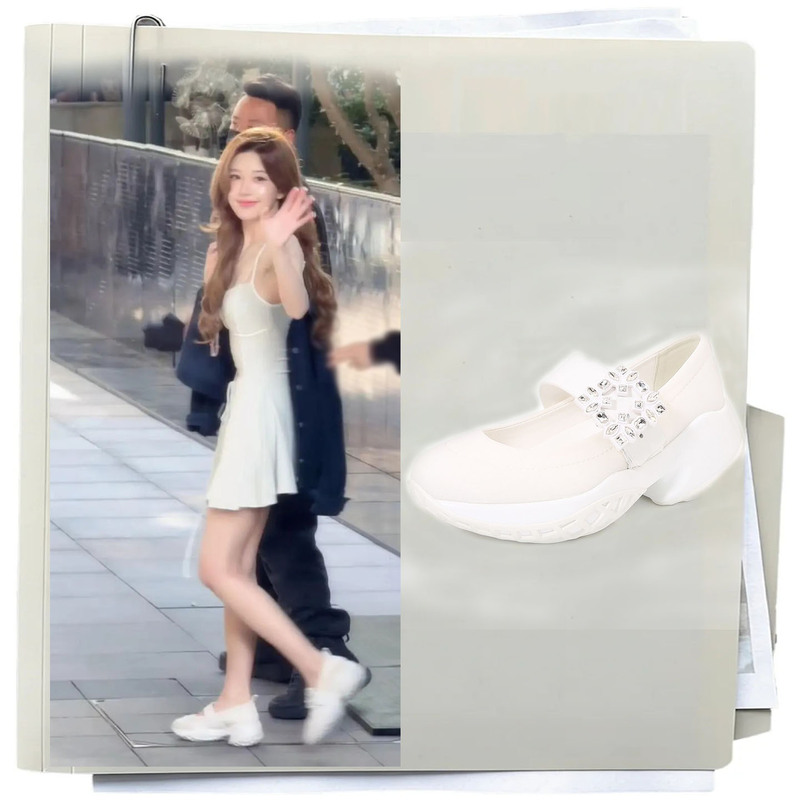 Zhao Lusi Style Mary Jane Shoes with Rhinestone Square Buckle, Women's Thick-Soled Height-Increasing Shallow Mouth Platform Shoes, Dad-Style White Sneakers