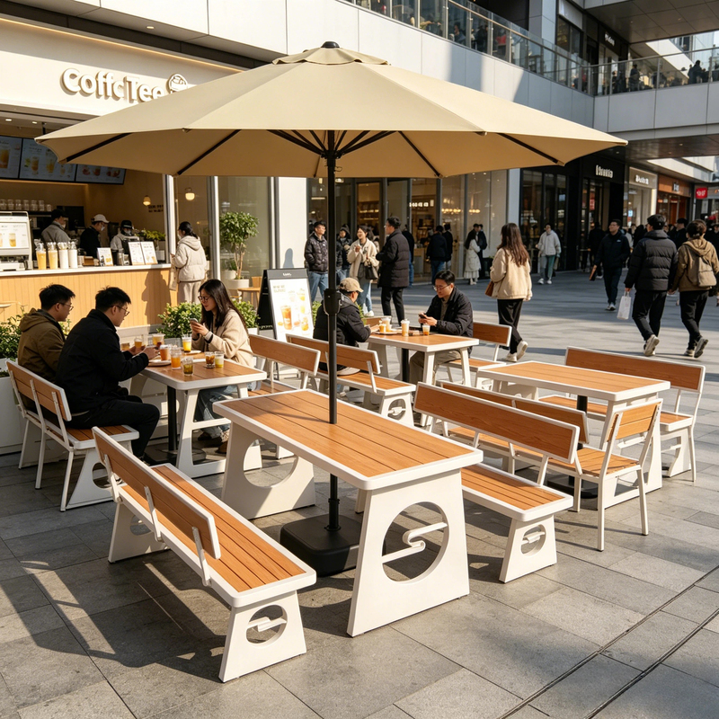 Outdoor Plastic-Wood Table and Chair Set for Commercial Use in Courtyard Cafes, Milk Tea Shops, and Outdoor Leisure Seating Benches