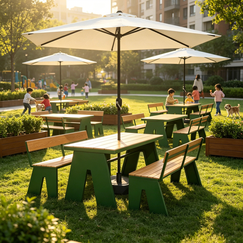 Outdoor Plastic-Wood Table and Chair Set with Umbrella Hole, Patio Park Leisure Bench, Commercial Use for Cafes, Waterproof and Sun-Resistant Outdoor Plastic-Wood Table and Chair Set with Umbrella Hole, Patio Park Leisure Bench, Commercial Use for Cafes, Waterproof and Sun-Resistant
