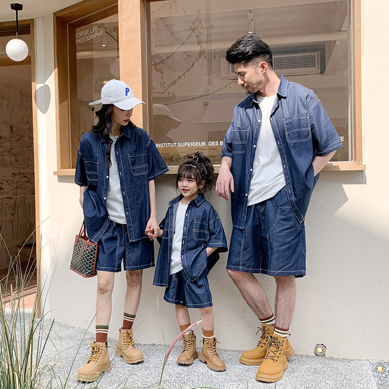 Trendy Family Matching Outfits: Denim Shirt Set for a Family of Three, Mother-Son Summer Thin Short-Sleeve Stylish Two-Piece Set for Mother and Daughter