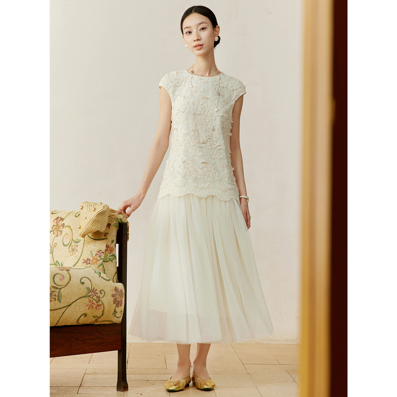 Jiaqi Ruixi Three-Dimensional Jacquard Lace Embroidery Gentle and Luxurious Large Flared Mesh Waist-Cinching Slimming Elegant Dress Jiaqi Ruixi Three-Dimensional Jacquard Lace Embroidery Gentle and Luxurious Large Flared Mesh Waist-Cinching Slimming Elegant Dress