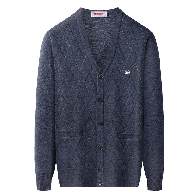 Hengyuanxiang ເສື້ອຢືດ cashmere ບໍລິສຸດຄໍ V-neck cardigan ສໍາລັບຜູ້ຊາຍໄວກາງຄົນແລະຜູ້ສູງອາຍຸວ່າງຫນາຫນາອົບອຸ່ນ sweater sweater ພໍ່ jacket