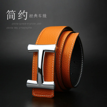 Belt mens leather young man Korean version of Joker double-sided first layer cowhide belt H buckle belt smooth buckle