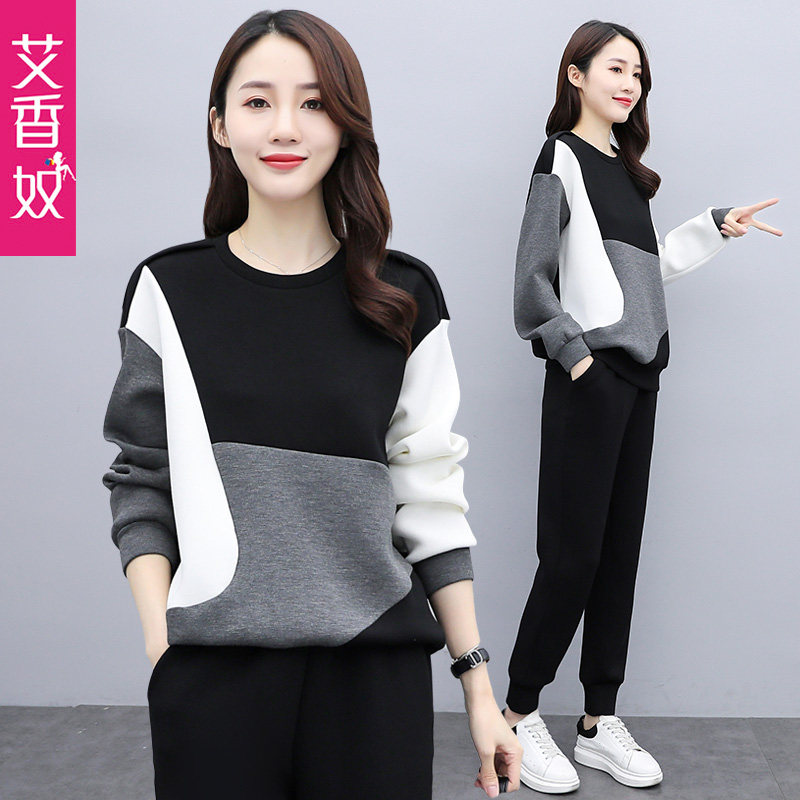 Collision Color Fashion Casual Sports Suit Women 2022 Chunqiu Ji New thick cotton T Wee pants big size women's clothing Two sets of damp
