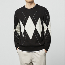 Momake autumn and winter bottoming sweater mens round neck youth cotton plaid color color jacquard casual knitwear tide