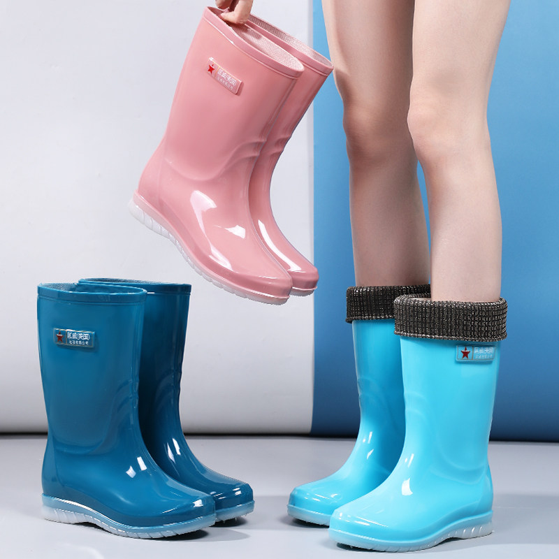 Rain Boots Woman Fashion Nice Pink Water Boots Outdoor Car Wash Kitchen Work Waterproof Non-slip Rubber Shoes Middle Cylinder Rain Shoes Woman