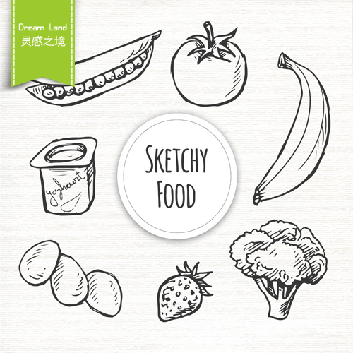 Inspiration Realm Hand-Drawn Sketch Line Art Fruits and Vegetables Banana Pod Broccoli Strawberry Psd Layered Source File Material