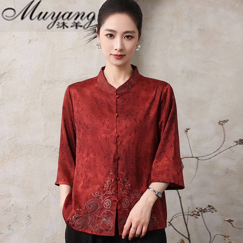 Mom's Spring and Summer Three-Quarter Sleeve T-Shirt, High-End Chinese-Style Shirt for Women, Middle-Aged and Elderly Women, Grandma's New Chinese-Style Silk Satin Top