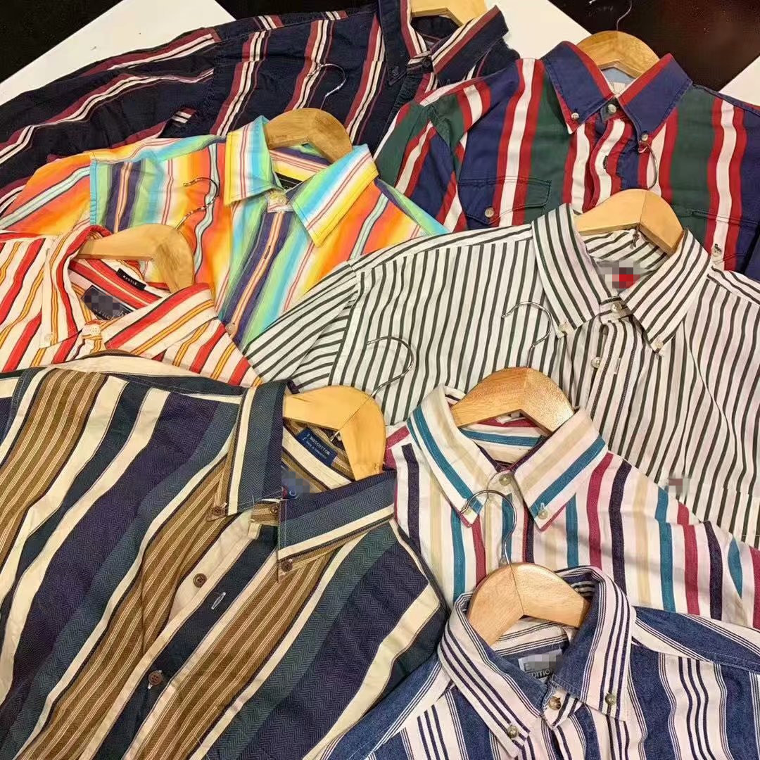 Ancient vintage European and American sharp stock trendy retro art striped loose long sleeve shirt male and female T77