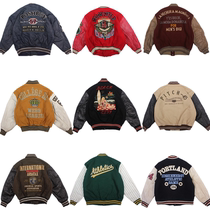 Old vintage American Street Hip Hop Tweed Cowhide Sleeve Embroidery Loose Baseball Jacket F63