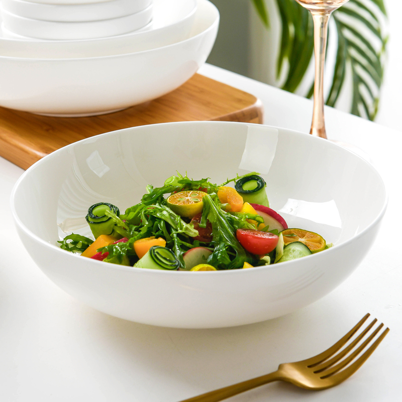 Bone China Plates, New High-End Style Deep Plates for Home Use, Pure White Salad Plates, Ceramic Soup Plates, Dish Plates