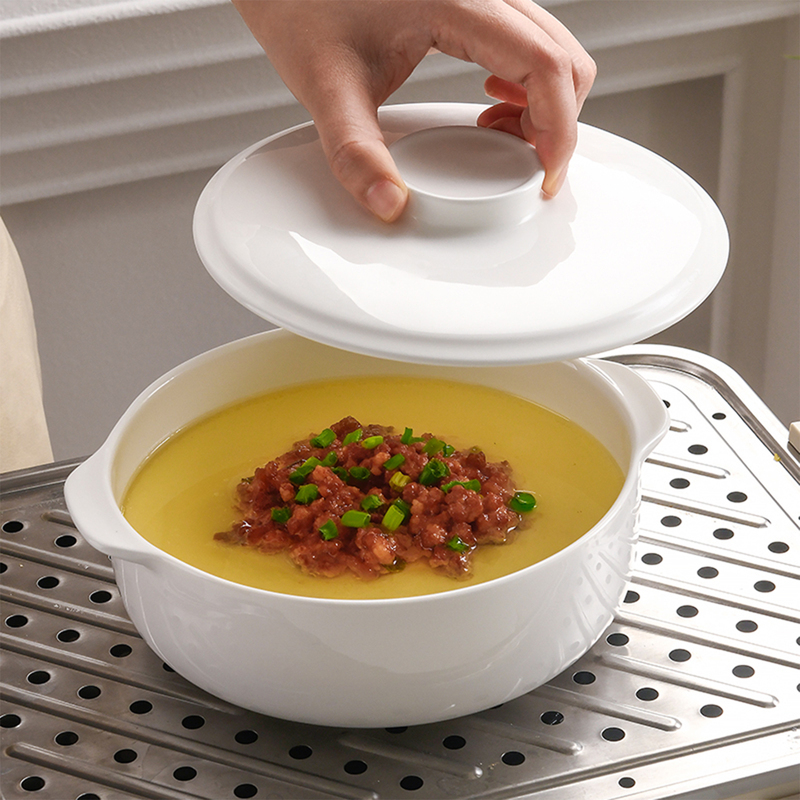 Tangshan Bone China Steamed Egg Bowl with Lid, Special Bowl for Steamed Egg Custard, Water-Proof Stew Bowl, Ceramic Soup Pot, Steamed Egg Cup for Home Use