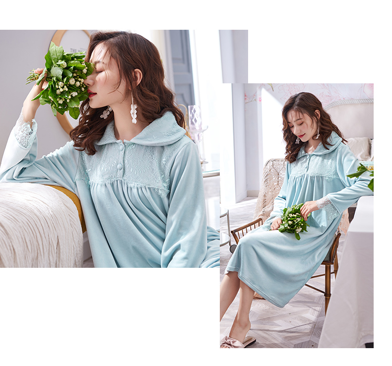 Áo ngủ nhung san hô nữ mùa đông dài phần dày lên đồ ngủ nhung đảo mùa thu và mùa đông người mẫu phụ nữ mang thai phần mỏng flannel dịch vụ nhà shop váy đẹp