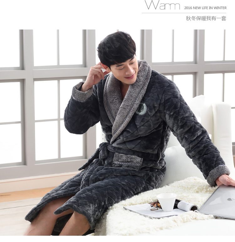 Mùa đông flannel chần áo choàng nam dày đồ ngủ nam áo choàng nhung san hô cộng với áo choàng dài mùa đông quần áo ngủ