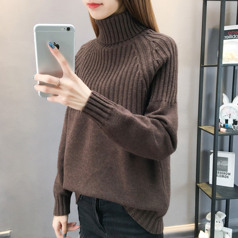 High collar sweater female thickening sleeve head 2023 Autumn winter new foreign air warm long sleeves Nets knitted undershirt woman-Taobao