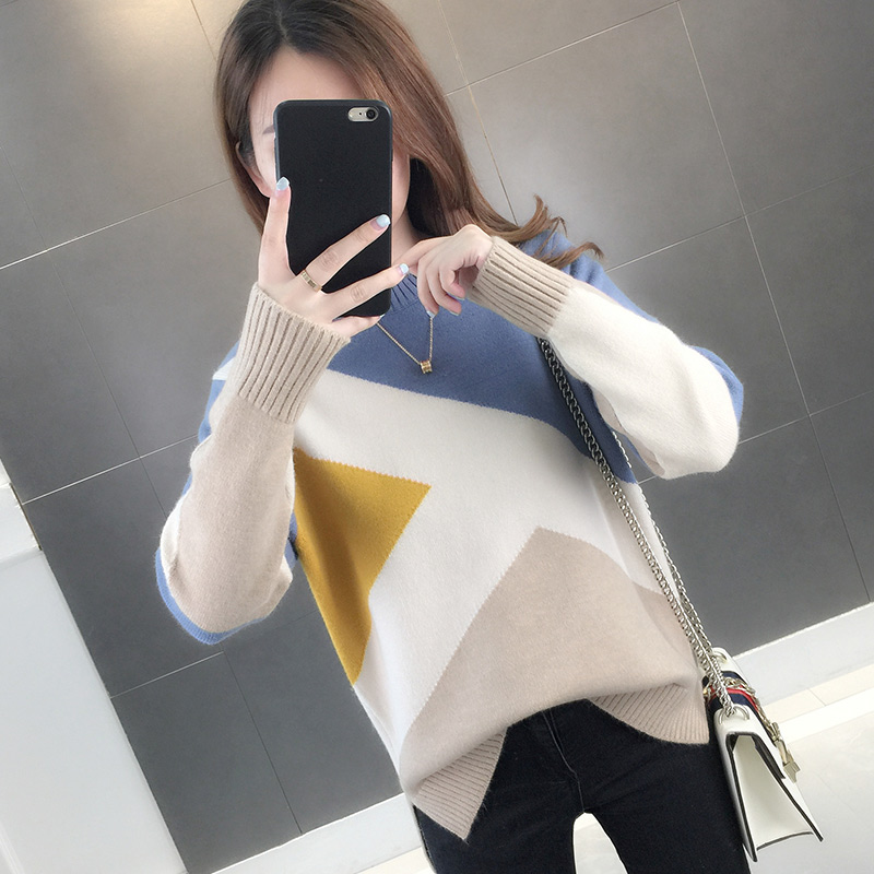 2022 autumn and winter new round neck loose outer wear color matching sweater women's knitwear bottoming women's long-sleeved tops women's trend