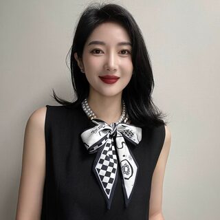 Summer French Retro Pearl Scarf Necklace for Women, Clavicle Chain, Ribbon Decoration, Hair Tie, Elegant Small Scarf, Streamer