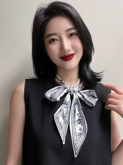 French Retro Spring and Summer Pearl Necklace Silk Scarf Women's Clavicle Chain Ribbon Korean Style Decorative Hair Tie Small Scarf Streamer