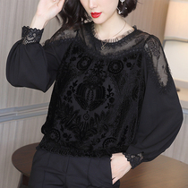 Lace top 2021 autumn and winter new fashion fashion trend temperament womens European foreign small shirt plus velvet base shirt