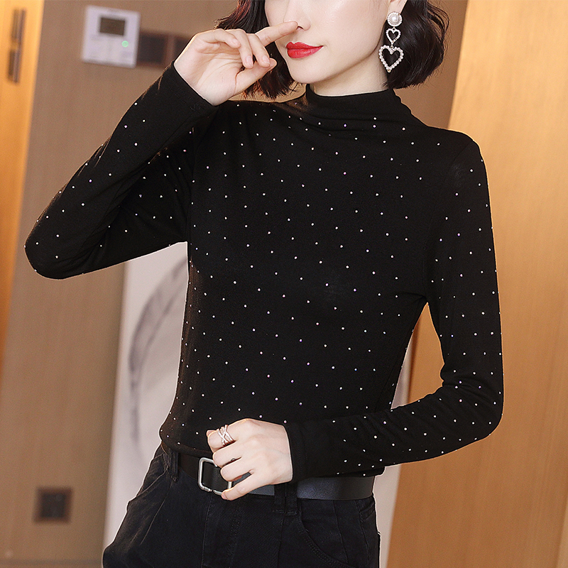 Black beating undershirt woman 2021 autumn winter new gush knit long sleeve T-shirt European stock water drill fashion foreign blouse