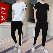 Sports suit mens summer ice silk short-sleeved casual two-piece suit Ruffian handsome mens handsome trend 2021 new summer clothes