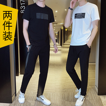 Mens t-shirt short-sleeved cotton slim-fit mens set with handsome summer leisure suit 2021 new summer clothes