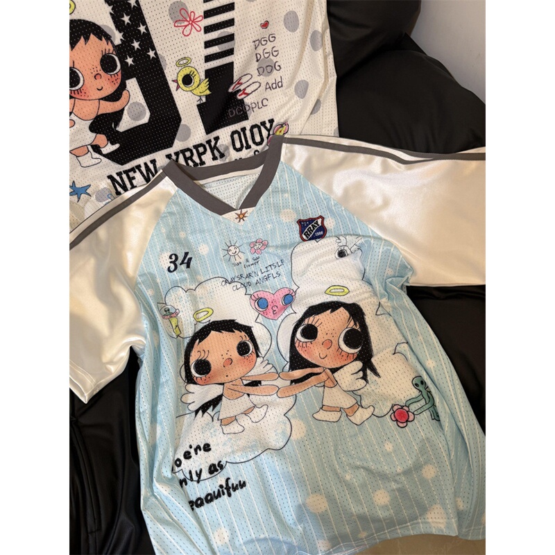 Three-Stripe Cartoon Print Short-Sleeve T-Shirt for Men and Women, Summer Design, Sporty Style, Quick-Drying, Color-Blocking Patchwork Jersey Top