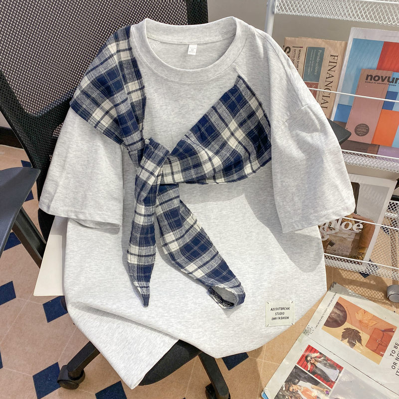 Designed with a Bow-Knot Plaid Patchwork Short-Sleeve T-Shirt for Men and Women, Summer American-Style Pure Cotton Patchwork Oversize Top, Trendy