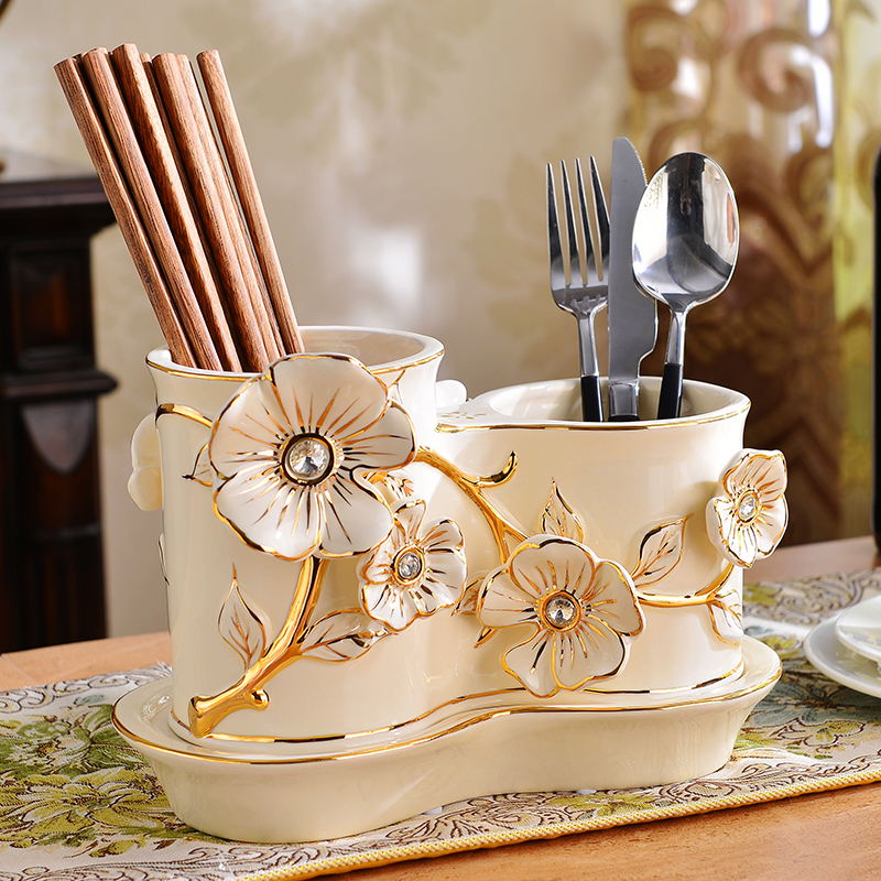 Chopsticks cage ceramic draining creative European-style kitchen with chopsticks barrel spoon household double barrel storage box tableware rack