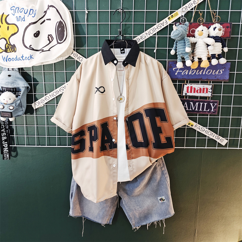 American and Japanese Retro Short-Sleeved Shirt Men's Set, Summer Casual Trendy Brand Work Shirt Jacket, Handsome and Cool