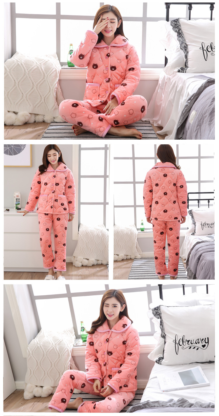 Mùa đông flannel quilted pyjama ba lớp dày san hô lông cừu quilted pyjama áo sơ mi cotton đơn áo khoác cotton bộ đồ mặc nhà