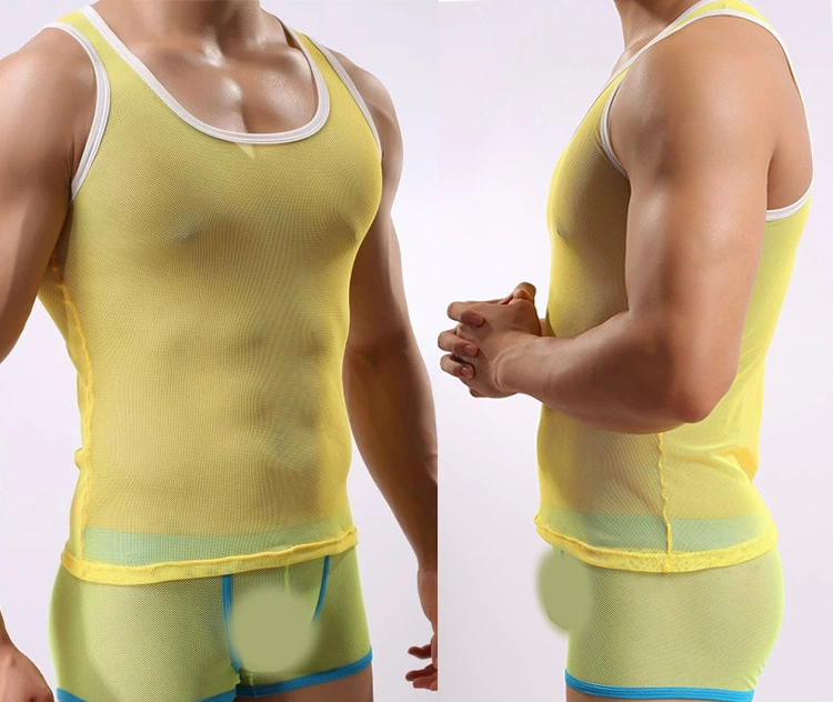 Áo vest thể thao nam corset trong suốt thoáng khí lưới gợi cảm thời trang giản dị nhà thấm mồ hôi sửa chữa chặt chẽ đơn mảnh
