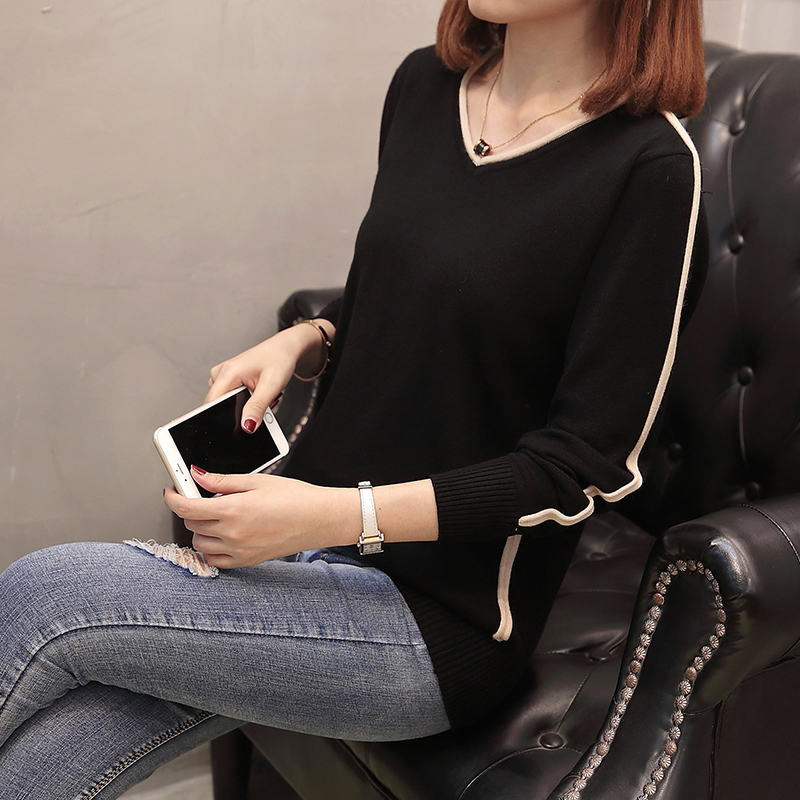 Large size women's dress Spring autumn season new display slim V collar long sleeve sweatshirt Fat younger sister Knit Cardiovert Loose and undershirt