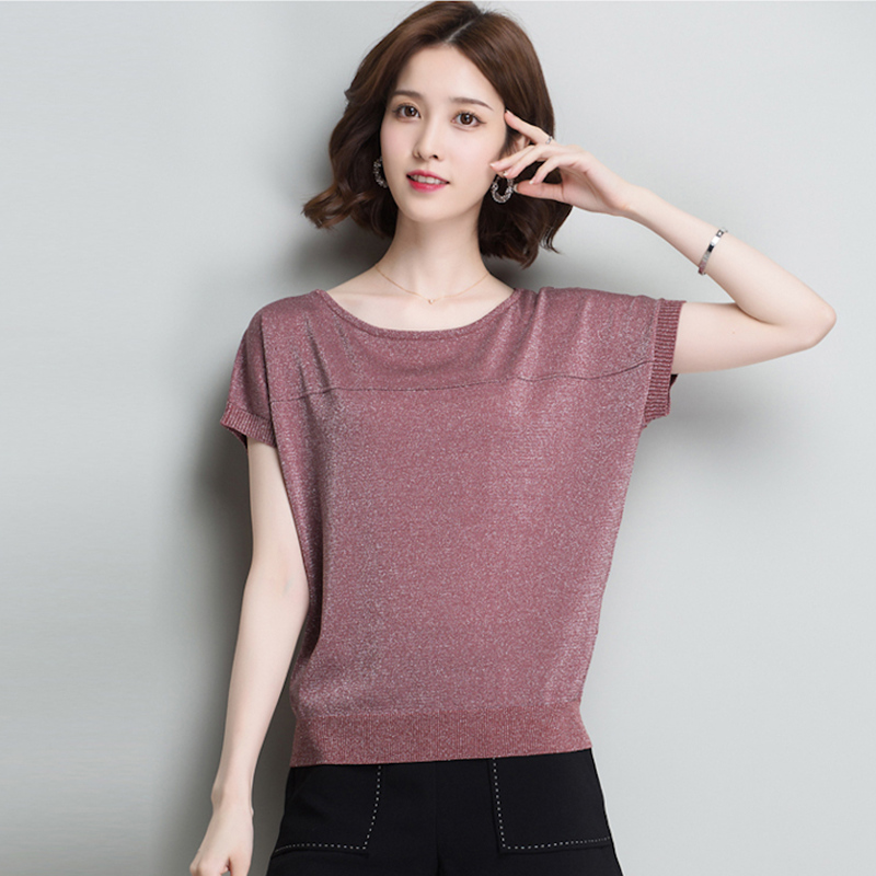 Fat mm summer new casual t-shirt short-sleeved women's loose and thin ice silk large size women's age-reducing flash knitwear