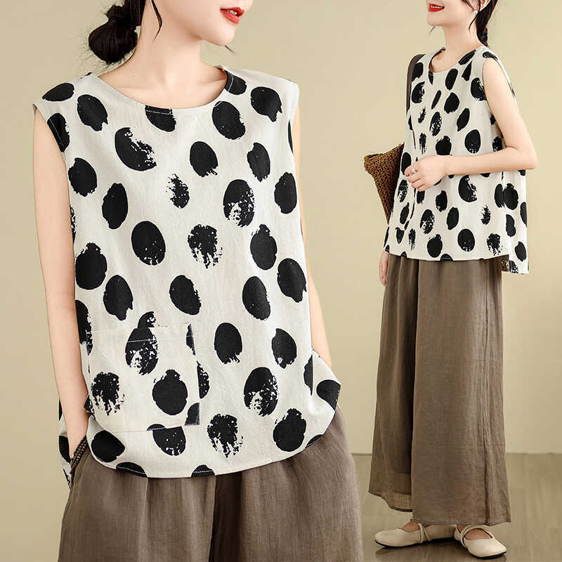 Summer New Retro Artistic Polka Dot Cotton Vest Loose Plus Size Sleeveless Top Camisole T-Shirt for Women