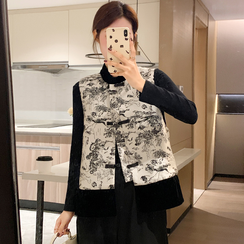 National Wind disc Buckle Ink and Tang Tang Dress Woman Loose without sleeves Qipao Style Small Jacket Exterior of the New Chinese Machia-Taobao