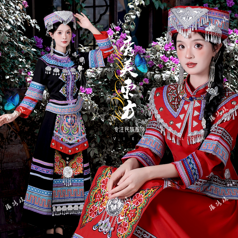 新型広西チワン族女性服、成人3月3日少数民族公演衣装、チワン族錦刺繍ロングスカート、フォーマルな服装