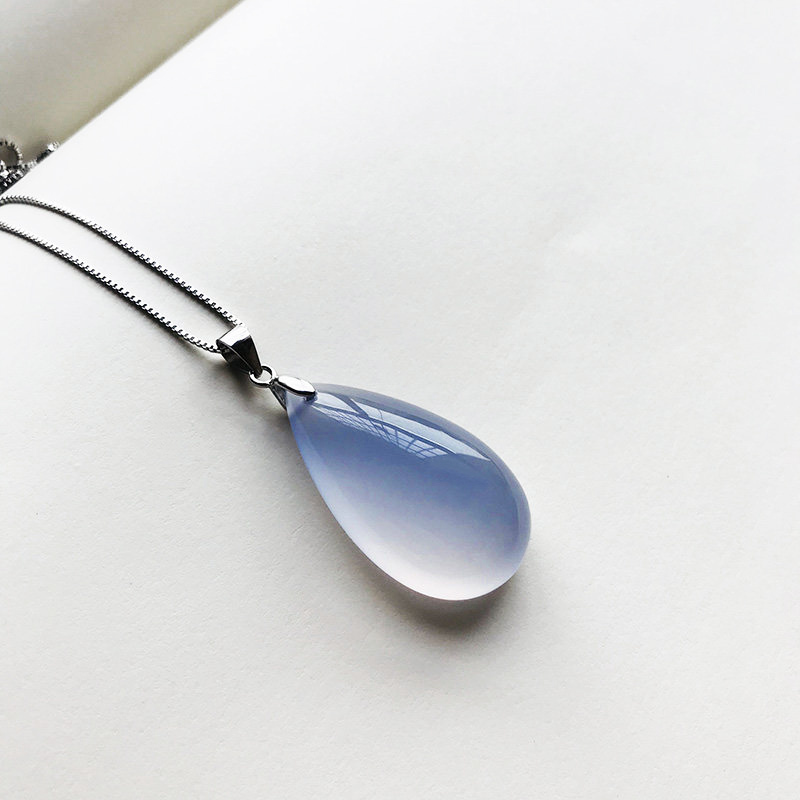 Natural Blue Chalcedony Water Drop Pendant 925 Silver Necklace Women's Large Gemstone Crystal Jewelry Sweater Chain
