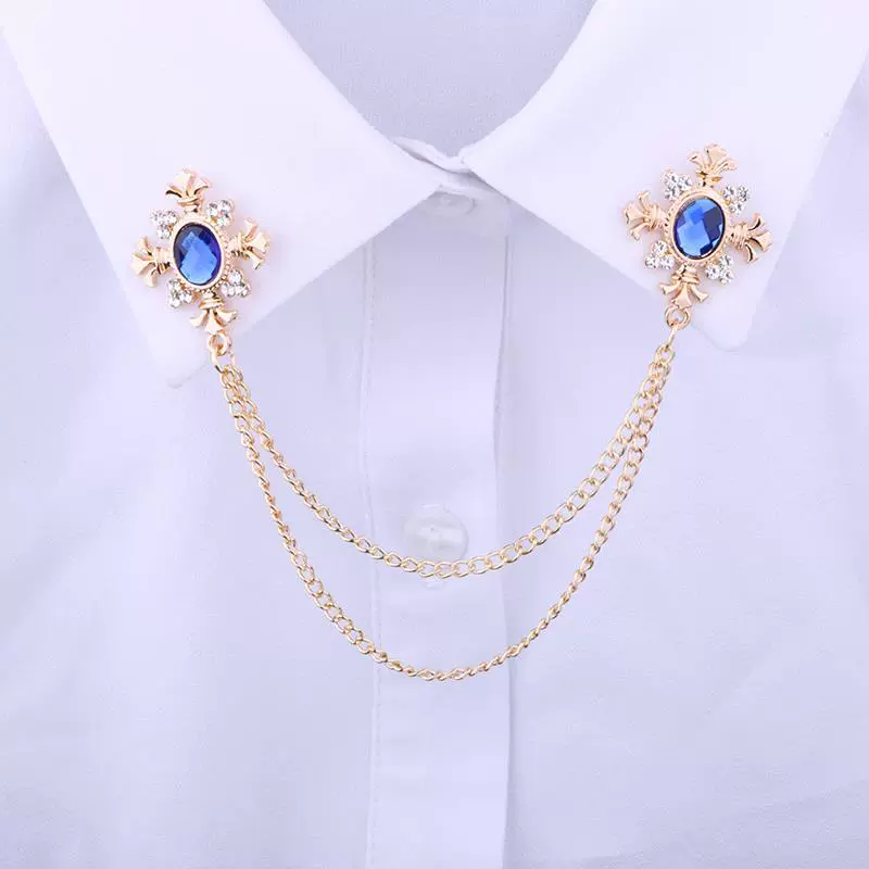 Áo sơ mi Hàn Quốc trang sức tua rhinestone chéo cổ áo ghim nam cổ áo góc chuỗi ghim khóa cá tính trâm cài cổ nam - Trâm cài