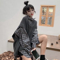 Large size womens fat mm spring 2021 new two-piece fat sister knitted vest plaid shirt foreign style set