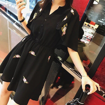 2021 spring V neck chiffon shirt women embroidery short sleeve base shirt plus size New slim coat 200 Jin