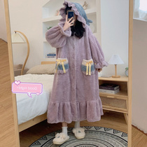 200kg size women's fat sister mm autumn and winter home clothing sweet padded coral fleece nightgown hooded pajamas