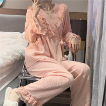 Spring Big Code Women Dress Fat Sister Mm Palace Wind Lace Lace lace V collar Pyjamas Pyjamas Pants Suit Minus Age Home Clothes