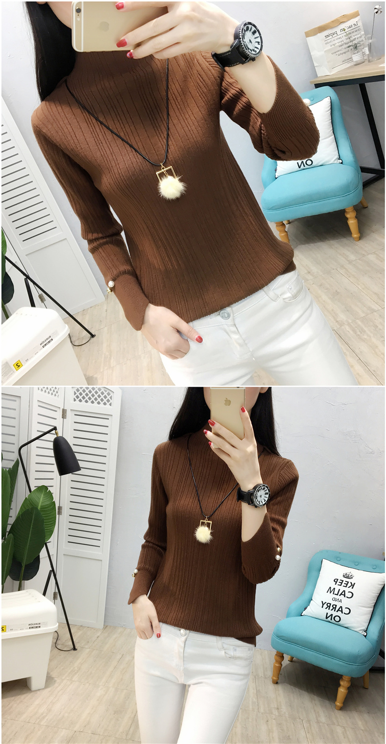 Thu đông 2018 mới ngắn nữ trang trí cơ thể áo len nữ cổ cao nửa cổ áo dệt kim chạm đáy áo sơ mi dài tay áo cardigan nữ dáng dài
