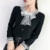 Mùa thu và mùa đông phụ nữ mới thắt nơ với cổ ngắn thấp cổ tròn áo thun rộng tay áo len dài tay đan - Áo len áo cardigan nữ dáng dài Áo len