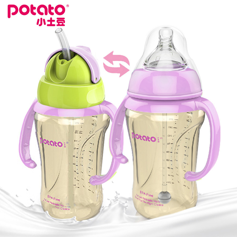 Small potatoes PPSU material bottle wide calibre anti-fall and anti-flatulled air with handle straw baby bottle baby bottle